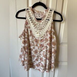 Maurices Cream and Pink Floral Crochet Tank Top